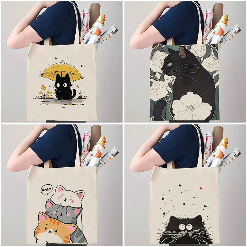Cross-border popular cute cat print canvas bag shoulder foldable tote bag shopping bag travel bag customizable