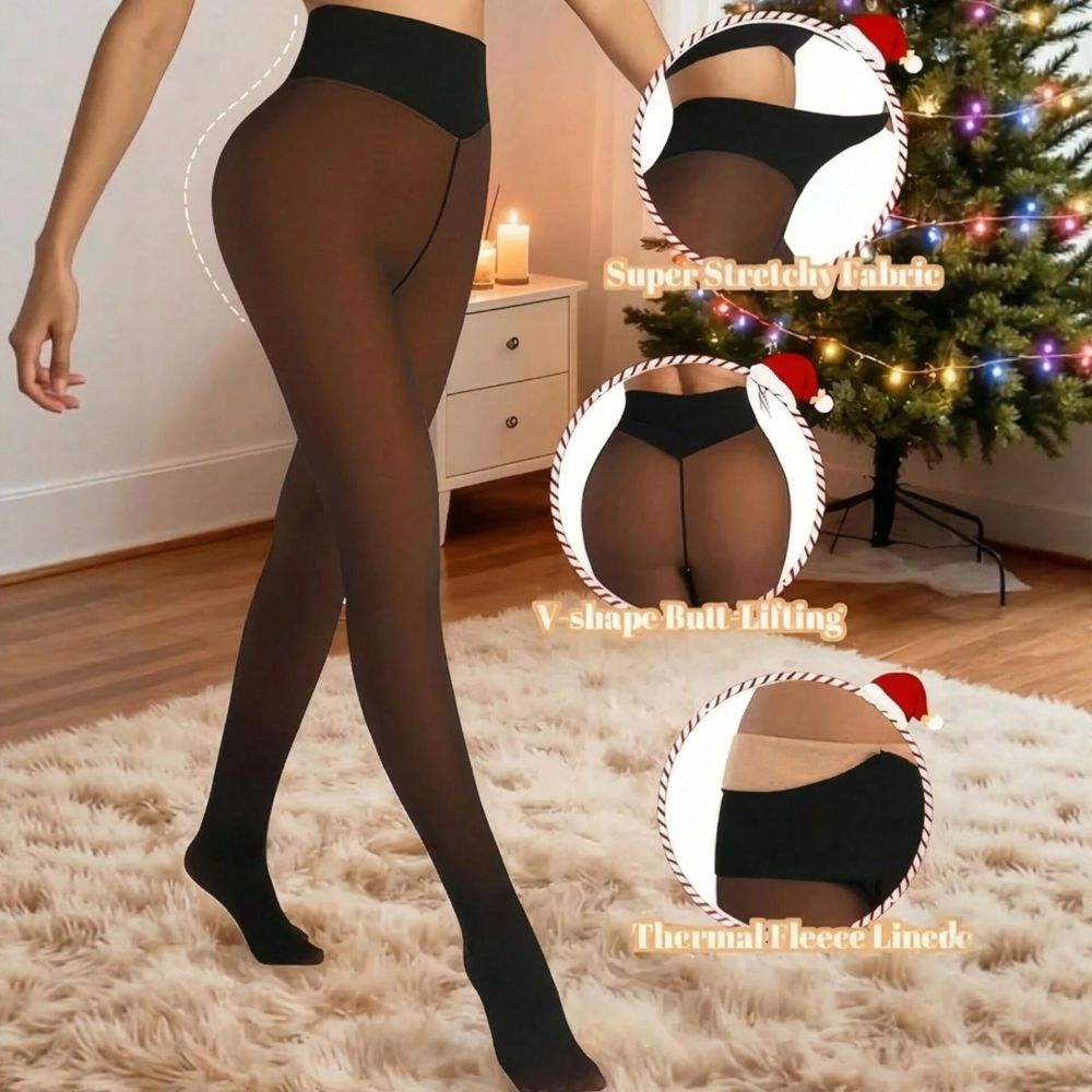 Women's High-Waist Sheer Fleece-Lined Winter Tights, Tummy Control