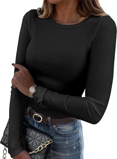 Women's Long Sleeve Slim Ribbed Basic T-Shirt, Round Neck, Elastic