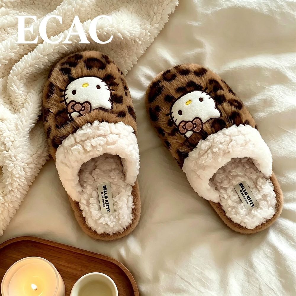 Leopard Print Kitty Fluffy Women's Slippers, Winter, Non-Slip Thick Sole - 1