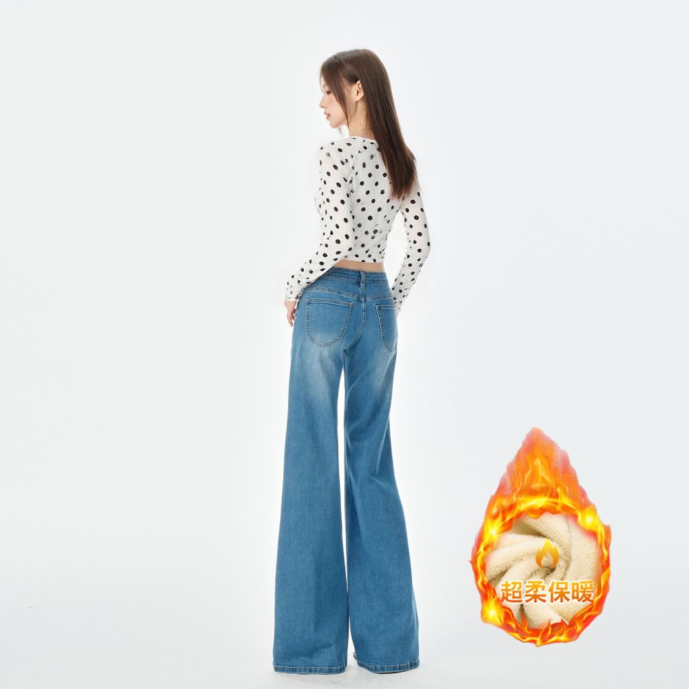 Fleece-lined white low-rise round-pocket design flared jeans for women, new spring/summer style, slim fit, stretch, straight-leg flare pants
