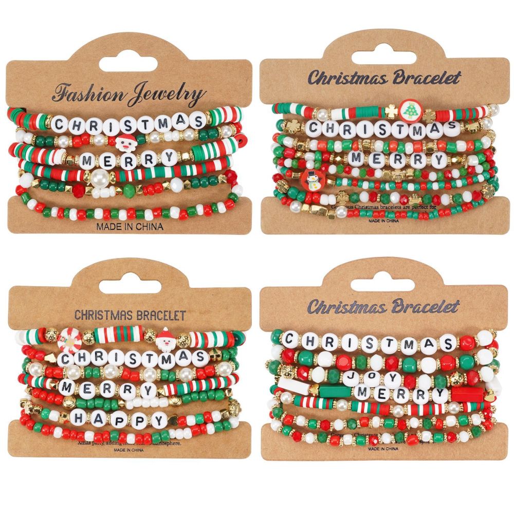 Weihnachtsarmband mit Schneemann, Weihnachtsmann und Glöckchen aus Perlen