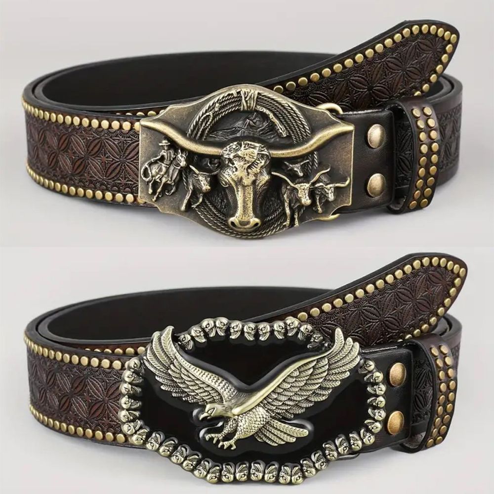Western cowboy belt, youth punk style embossed men's studded leather belt, wholesale ethnic style belt in stock.