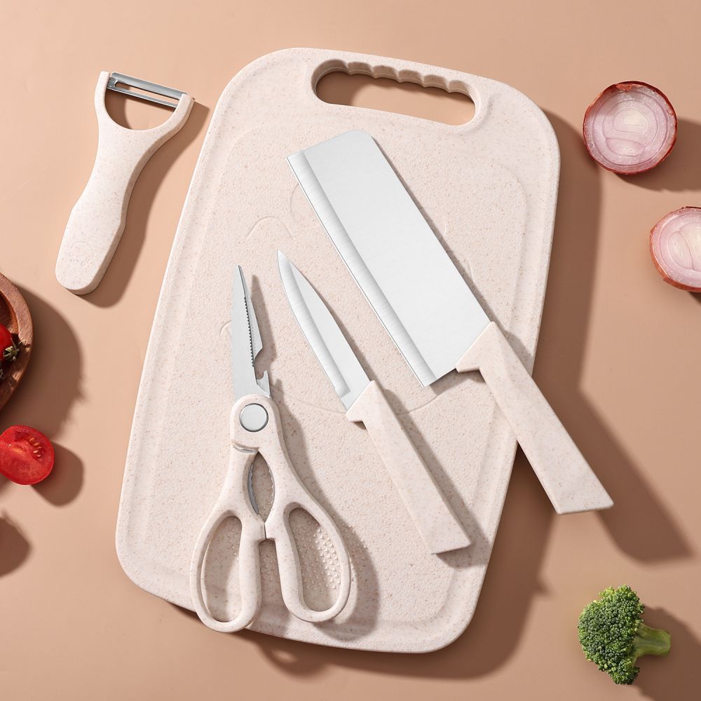Wheat straw cutting board 5-piece set home fruit cutting board kitchen knife scissors combination set multifunctional storage cutting board set - 3