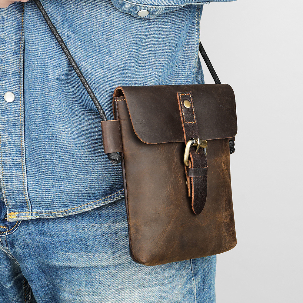 Echte Leder Crossbody Tasche Handytasche Mini kleine Tasche Schulter Handytasche Vollnarbenleder weiches Leder Premium Schultergurt Tasche für Herren - 3