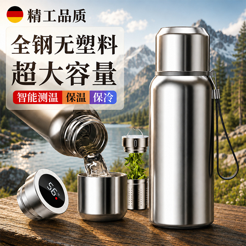 316 Stainless Steel Large Capacity All-Steel Insulated Cup with Tea Infuser, Men's Outdoor Travel Insulated Water Bottle