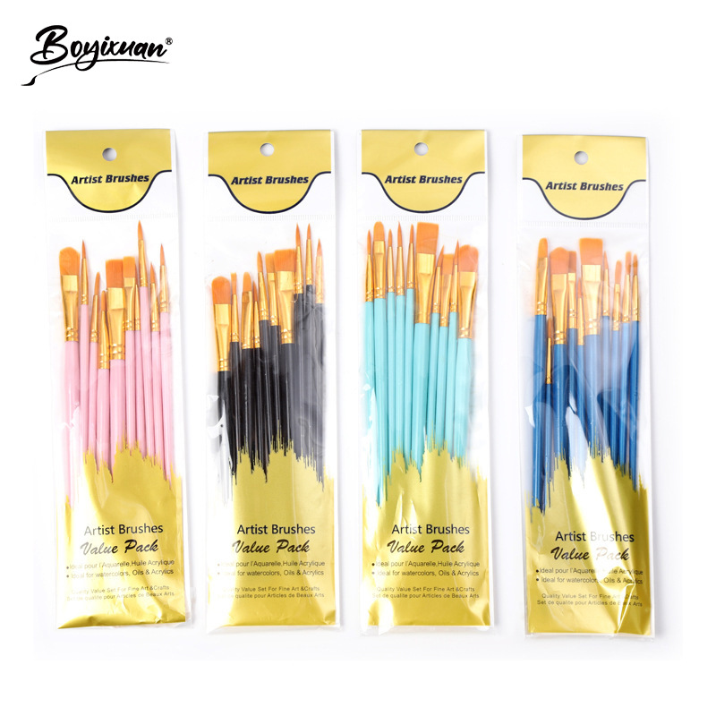 Grenzüberschreitende Amazon 10er Kunststoff-Langgriff Kinder-Kunsthandwerk DIY Ölfarben Nylon Gouache Acryl Set Pinsel