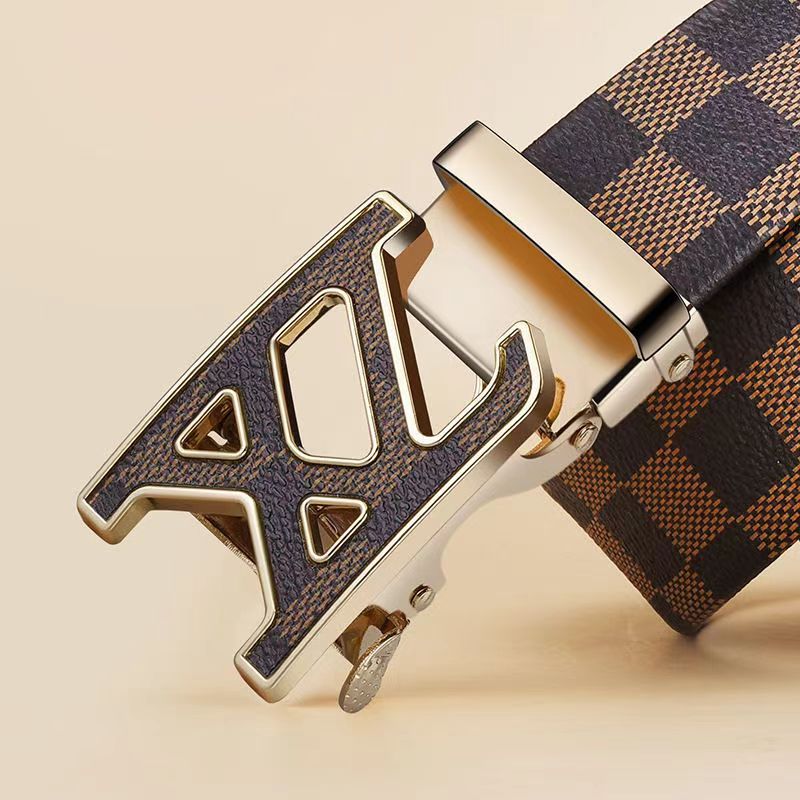Men's automatic buckle belt, trousers belt, leather belt, plaid belt, lettered buckle belt