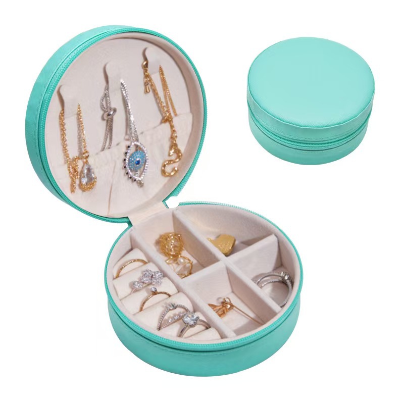 Runde Mini-Schmuckbox, elegante Schmuckschatulle, hochwertige tragbare Aufbewahrungsbox für Ohrringe, Halsketten und Ringe für Reisen - 8