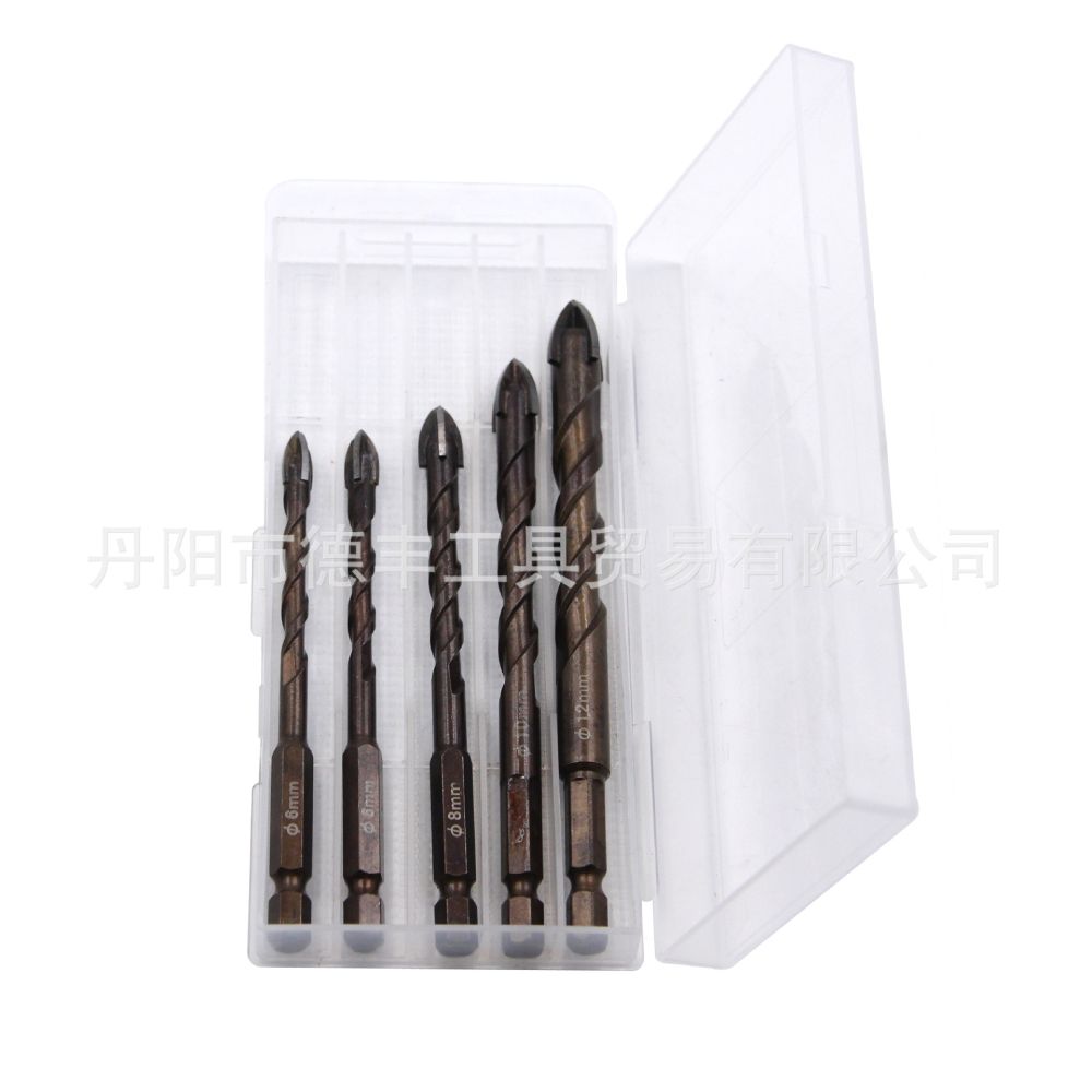 5-Piece Brown Tile Drill Bit Set, Hex Shank, Cross-Hole Glass Drill