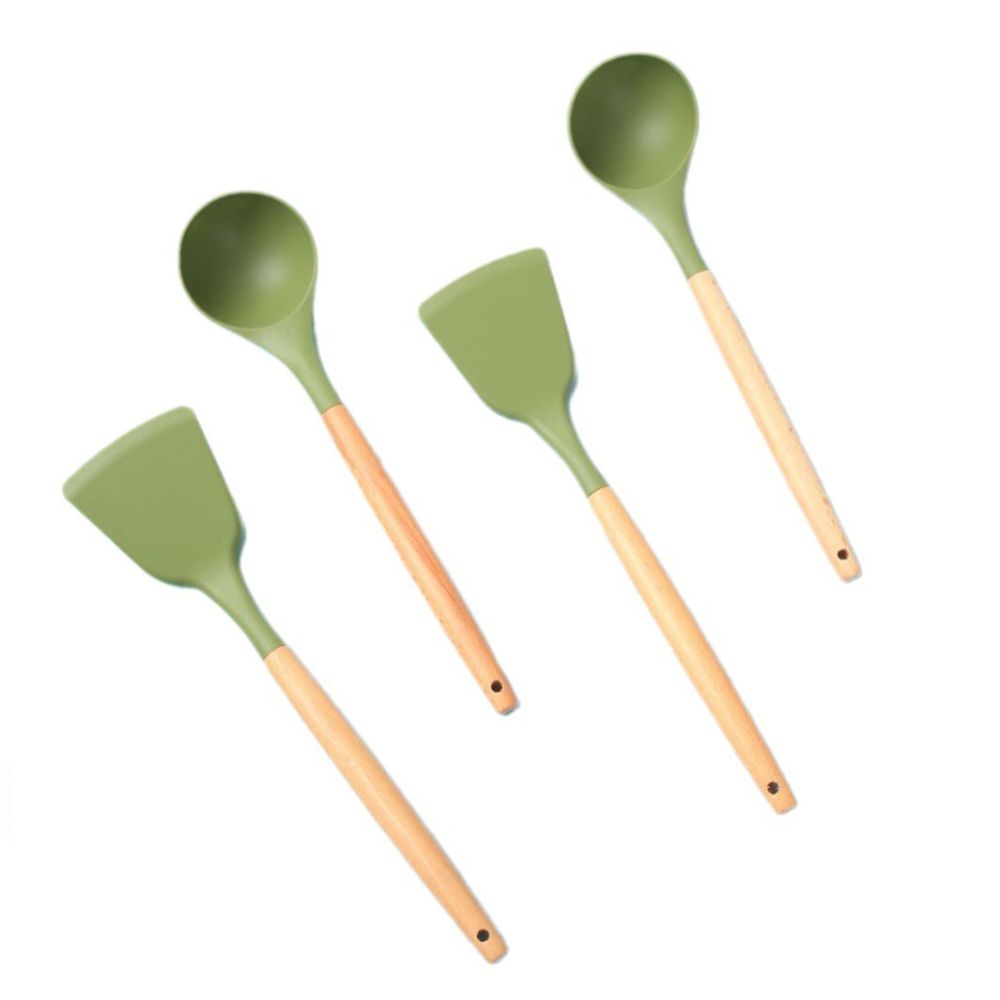 Yeni silikon mutfak gereçleri ahşap saplı çift set yüksek sıcaklığa dayanıklı gıda sınıfı yapışmaz spatula kaşık mutfak eşyaları seti - 5