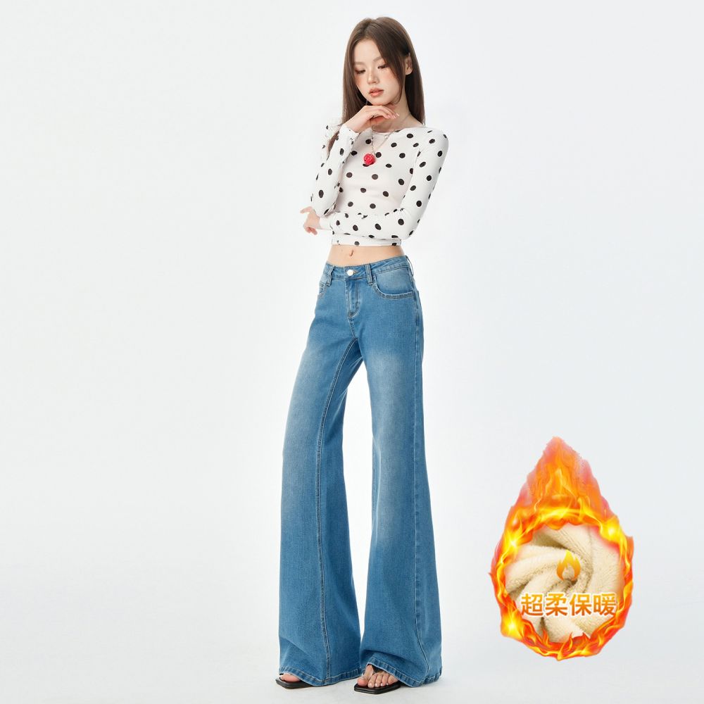 Fleece-lined white low-rise round-pocket design flared jeans for women, new spring/summer style, slim fit, stretch, straight-leg flare pants