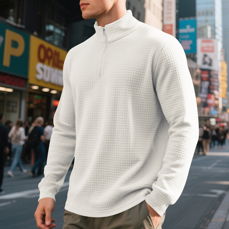 Cross-border independent station autumn and winter American plain everyday men's loose jacquard stand collar half-zip inner shirt sweatshirt for men