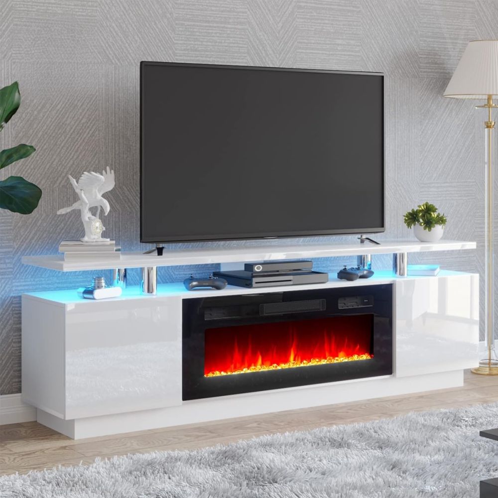 Mirrored White Fireplace TV Stand with LED Lights, Panel Furniture