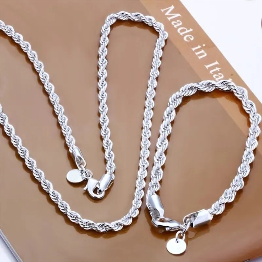 Silver 4mm Chain Men's Twisted Rope Necklace Bracelet Fashion Women Men Silver Twisted Necklace Quality Jewelry Set