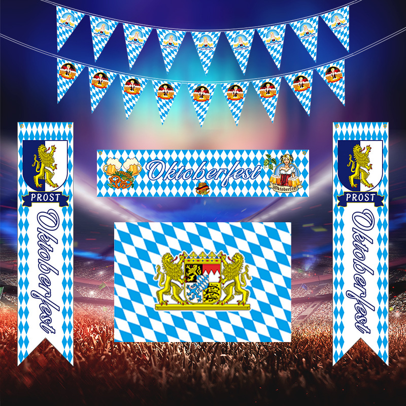 Oktoberfest Mavi Beyaz Ekose Masa Örtüsü ve Bayrak Seti