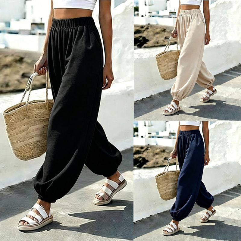 Beach Style High-Waist Pocket Comfortable Lantern Women's Long Pants