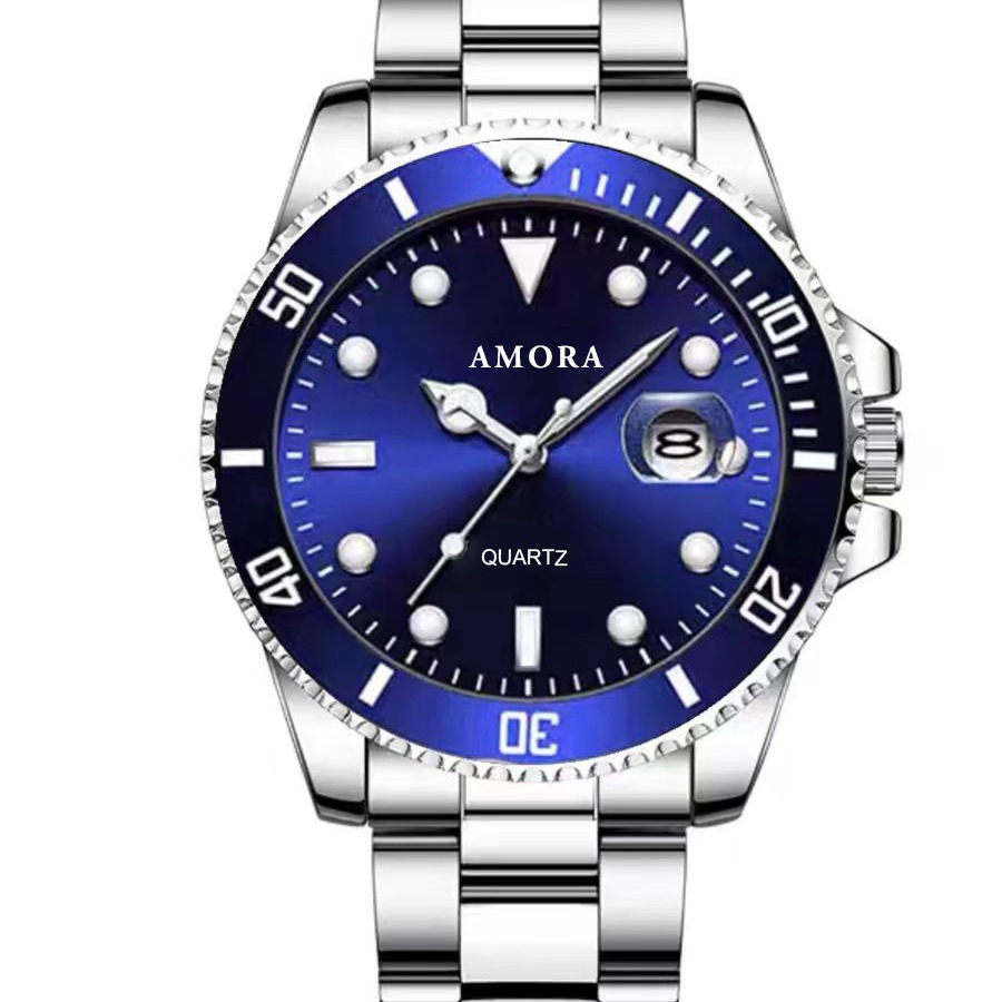 Men's watch, green dial, steel band, calendar