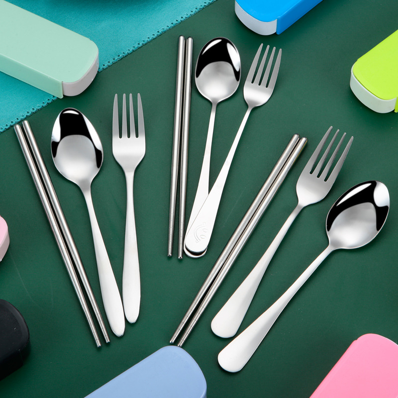 Besteckset, komplettes Set aus Edelstahl-Löffel und Essstäbchen, tragbares Besteckset, Essstäbchen und Löffel, dreiteiliges Messer- und Gabelset - 3