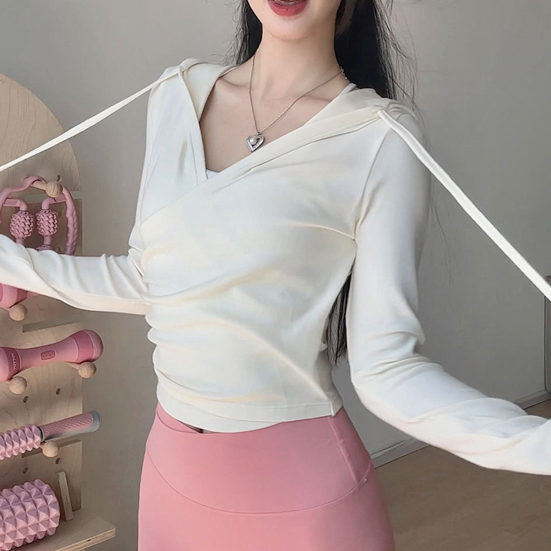 秋冬爆款瑜伽服女 交叉腰运动连帽上衣V领长袖辣妹健身房训练罩衫