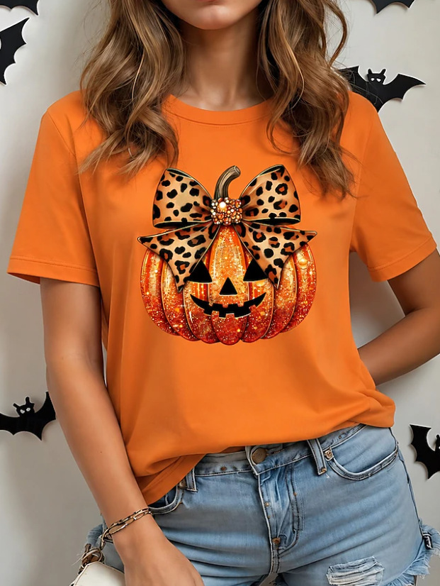 Cadılar Bayramı balkabağı baskılı kadın kısa kollu T-shirt