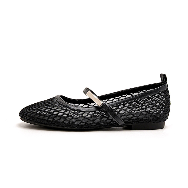 Women's Ballet-Style Mesh Mary Jane Shoes 2025 Summer New Hollow Breathable Soft-Sole Round-Toe Buckle Flat Shoes