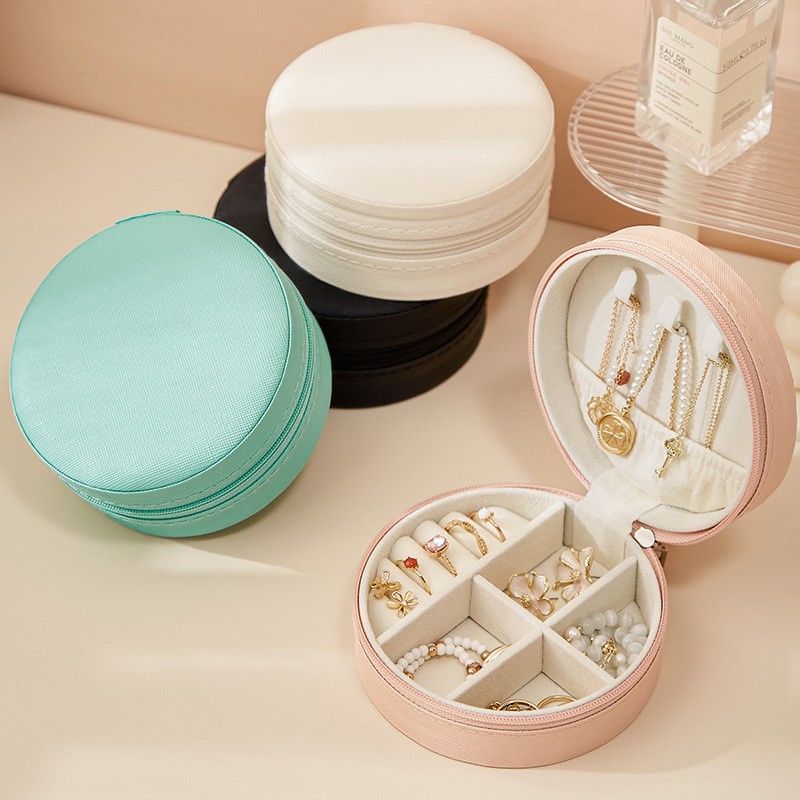 Runde Mini-Schmuckbox, elegante Schmuckschatulle, hochwertige tragbare Aufbewahrungsbox für Ohrringe, Halsketten und Ringe für Reisen