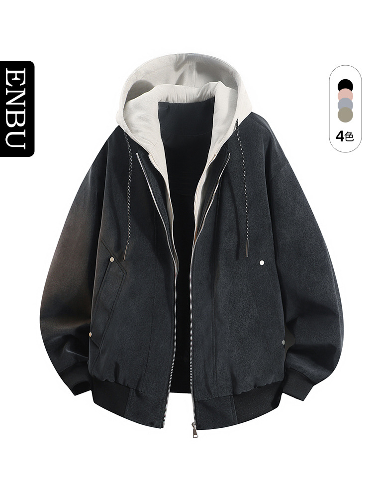 Men's PU Leather Jacket, Faux Two-Piece Hooded Loose Fit Autumn Jacket - 1