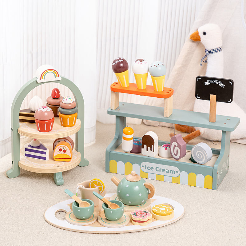 Wooden Children's Pretend Play Dessert and Tea Set, Kitchen Toy