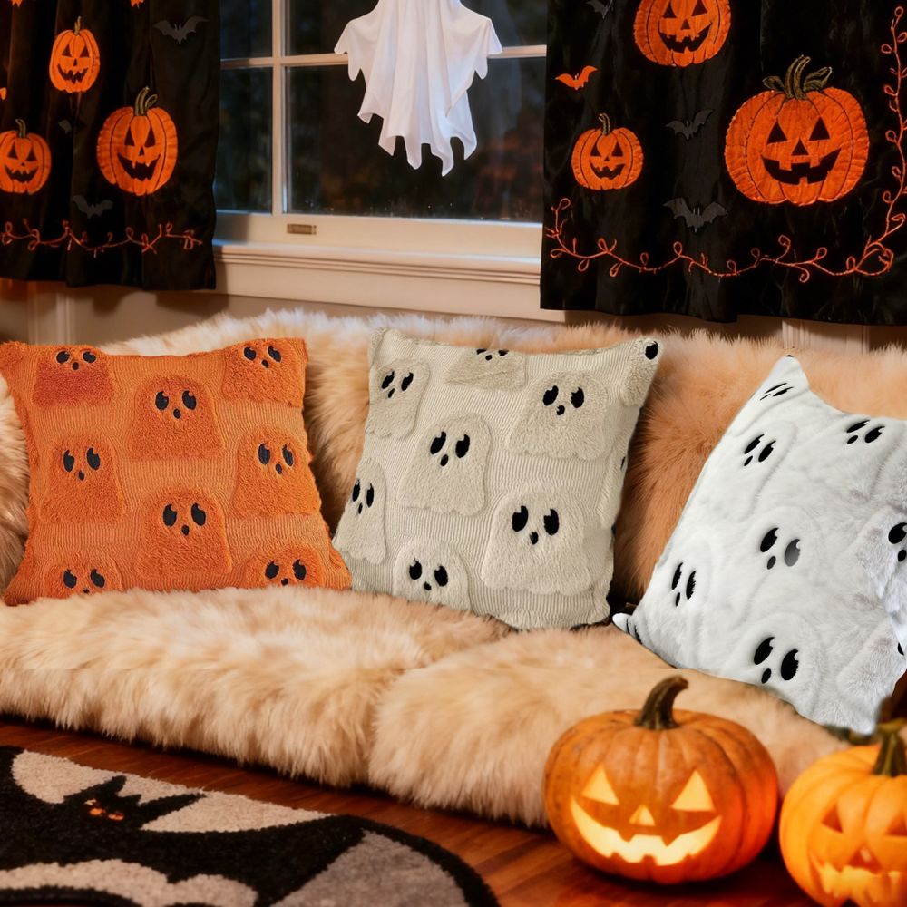 Halloween Ghost Throw Pillow Cover, White Bat and Skull Plush Decoration