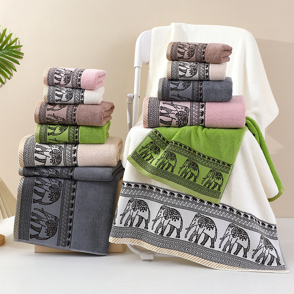 Pure cotton towel set with elephant jacquard pattern - 1