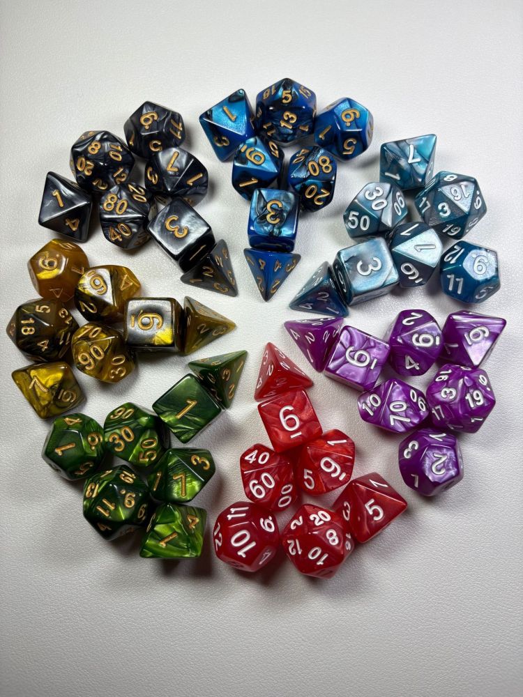 DnD polyhedral dice set, marble pattern transparent, 7 pieces