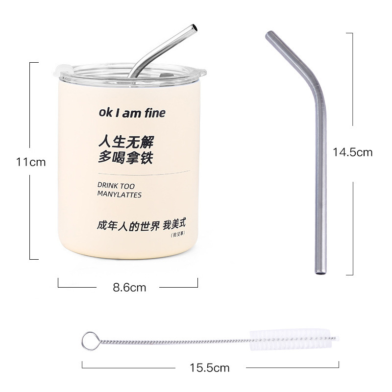 Doppelwandige Edelstahl-Isolierbecher mit Mattfinish für Americano-Kaffee, vakuumisolierter Latte-Reisebecher mit Strohhalm, flaches Doppelwand-Glas, Büro-Thermosbecher - 6