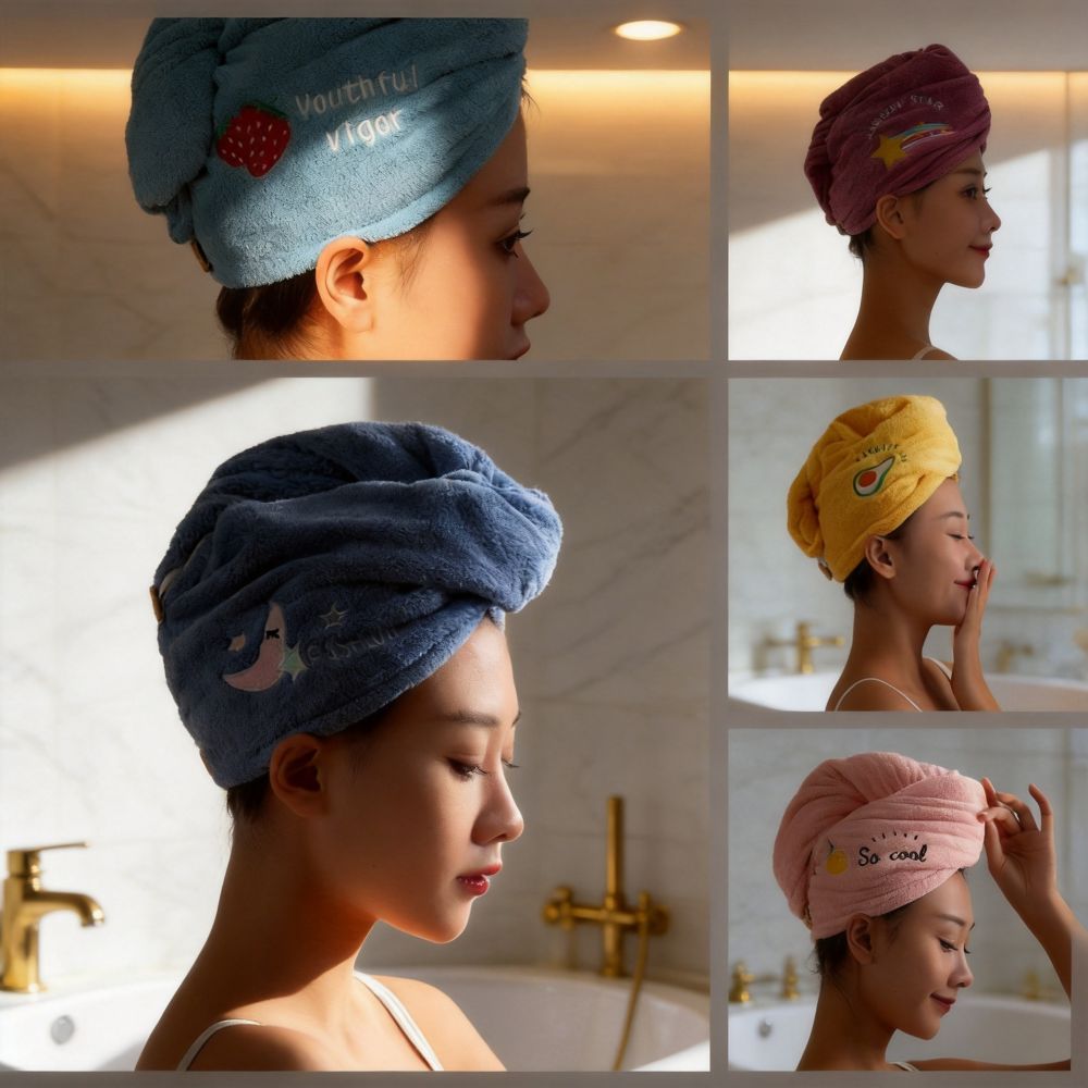 Grenzüberschreitender Bestseller - Bestickter Haartrockenhut, hochsaugfähig, Korallenvlies-Badekappe für Damen, Kopfwrap aus Polyester-Nylon-Korallenvlies-Badekappe
