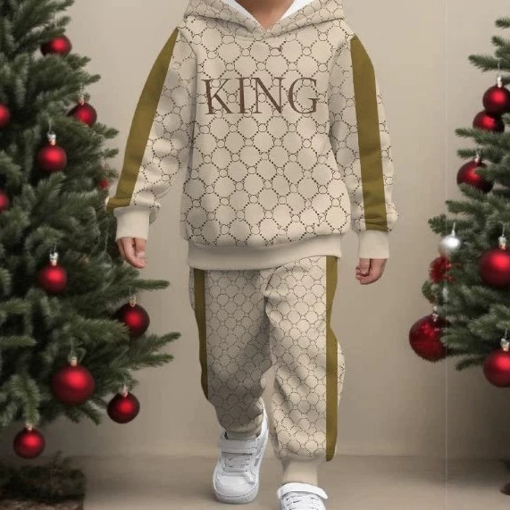 Boys' Hooded Sweatshirt Set Spring Autumn Printed Sports Two-Piece Set Casual Children's Clothing for Small and Medium Kids Fleece-Lined Sweatshirt Fabric