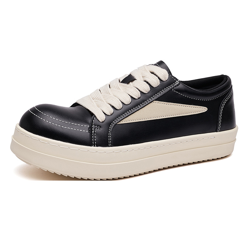 Men's Genuine Leather Lace-Up Thick-Sole Sneaker, Black, Height-Increasing