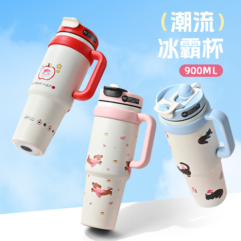 Riesige Isoliertasse mit Strohhalm 1000ml, mit Griff und Deckel