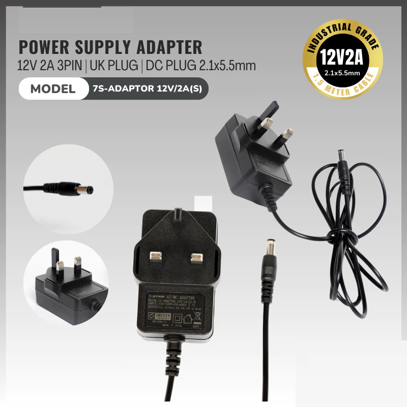 12V 2A Power Adapter with 3-Pin UK Plug 2.1x5.5 mm