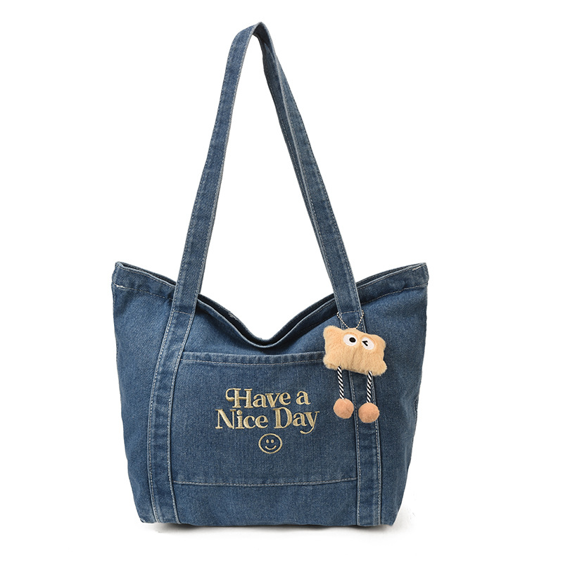 Japanischer Casual-Rucksack mit großem Fassungsvermögen für Damen, trendige Stickerei mit Buchstaben, Jeans-Rucksack für Studenten, großer Fassungsvermögen, Commuter-Tote-Bag - 6