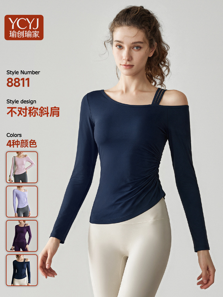 跨境外贸瑜伽服女秋冬新款透气长袖T恤运动户外普拉提健身服上衣