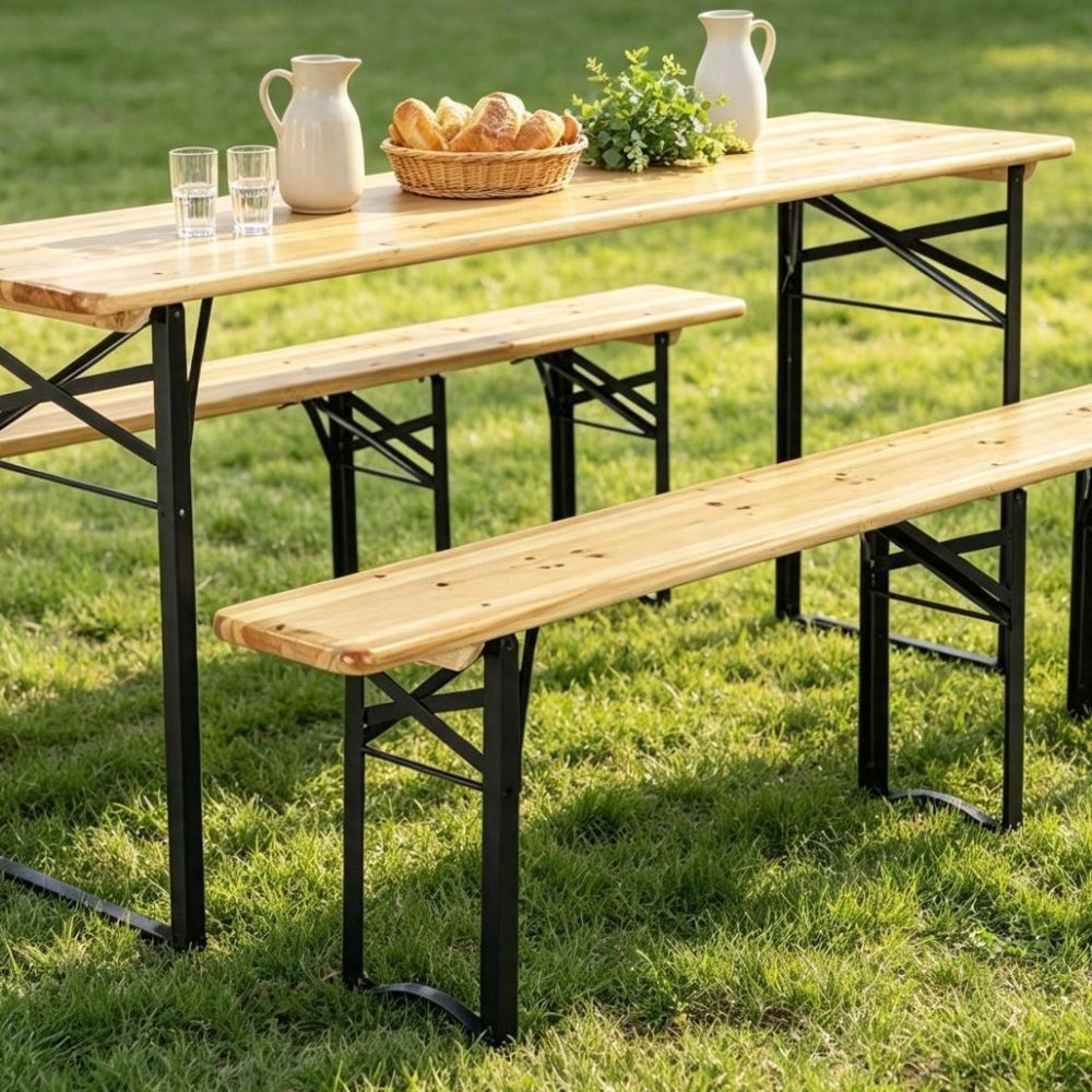 FSC/EUDR Solid Wood Folding Beer Table Set Garden Party Camping Long Table and Chair Portable BBQ Beer Table