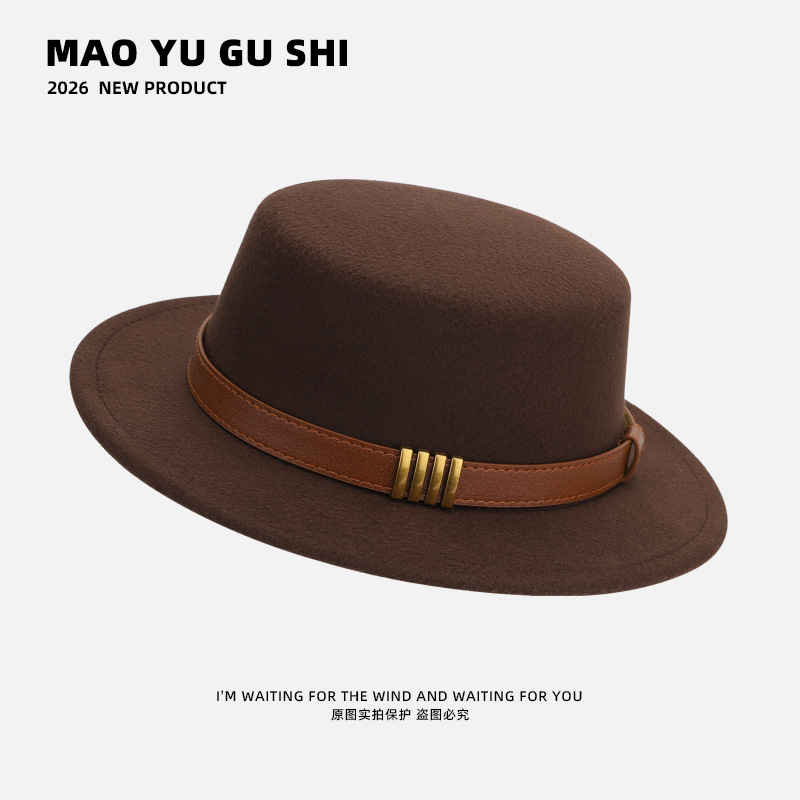 Hepburn-Style French Belt-Decorated Wool Flat-Top Fedora Hat for Women, Autumn/Winter, British Socialite Vintage Versatile Jazz Hat