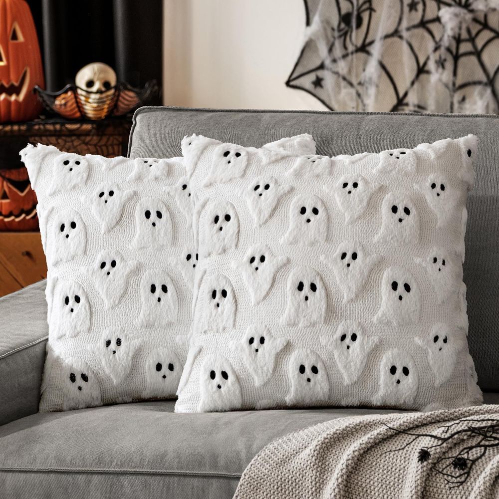 Neue Halloween-Kleine-Geister-Kissenbezüge aus PV-Plüsch mit 3D-Gespenster-Stickerei, Schwarz-Weiß, Feiertagsdekoration, Kissen im Großhandel