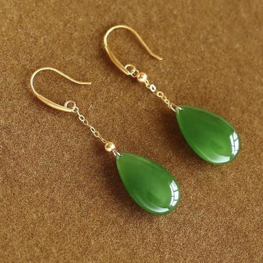 Hetian-Jade-Wassertropfen-Ohrringe 18K Gold eingelegt Damen