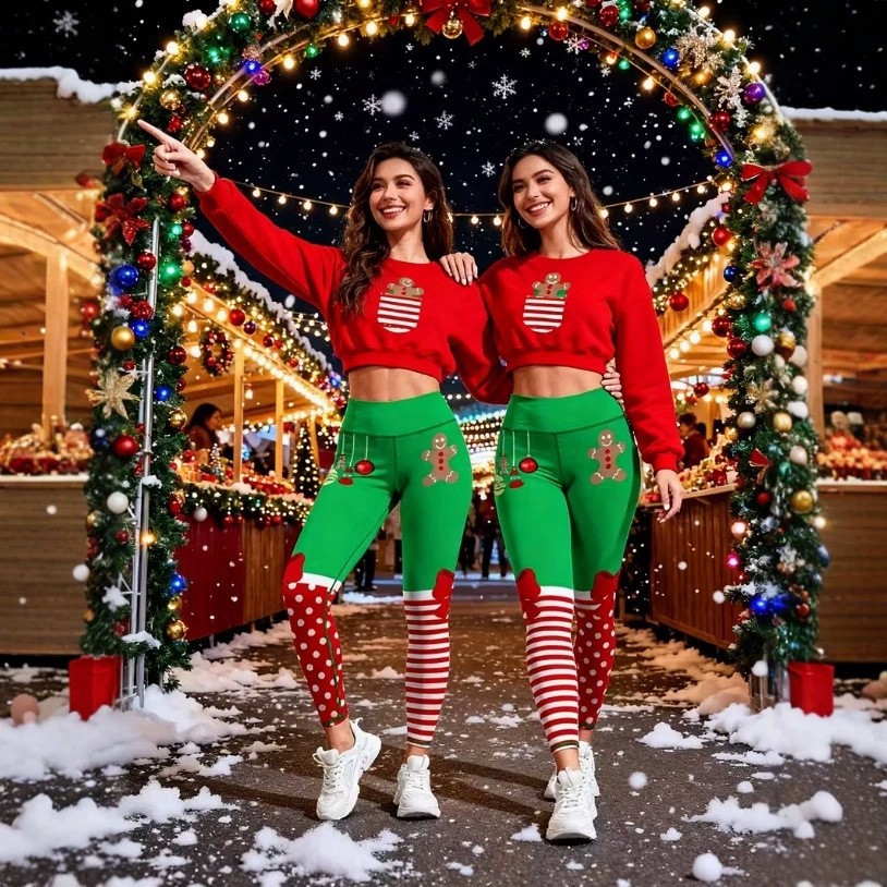 Noel baskılı kadın spor tayt, fitness ve yoga pantolonu