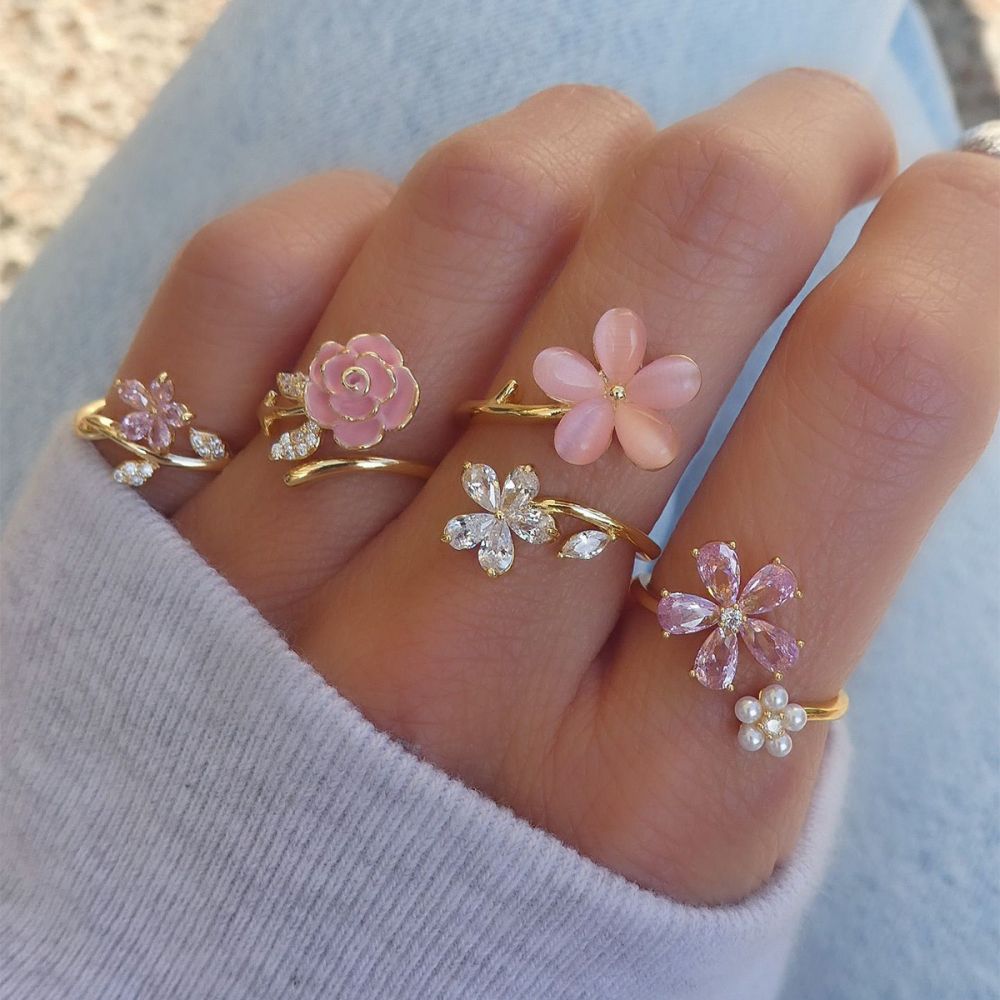 Pink flower ring set, sweet style, cubic zirconia stones