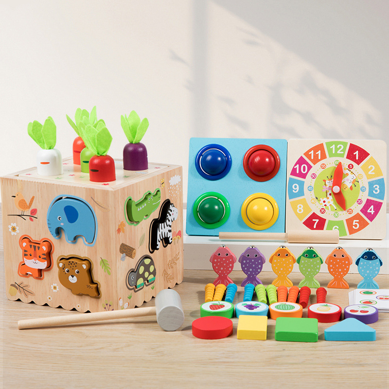 Wooden Shape Matching Building Blocks, 8-in-1 Montessori Intelligence Box Puzzle Toy for C