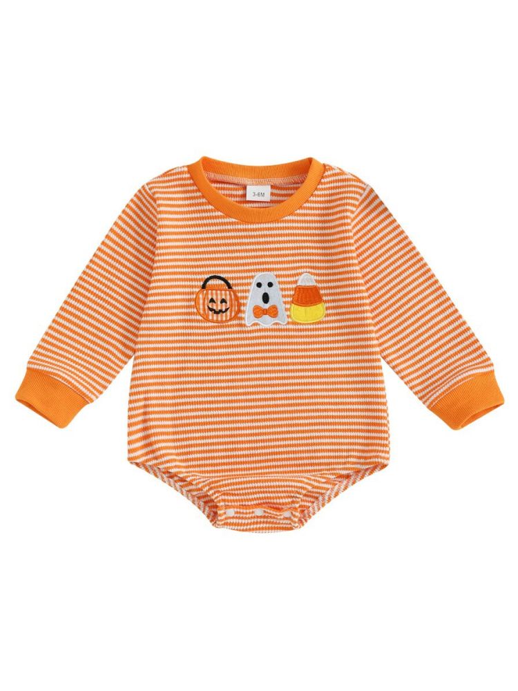 Baby-Halloween-Strampler mit Streifen, langen Ärmeln, Kürbis- und Eulenmotiv