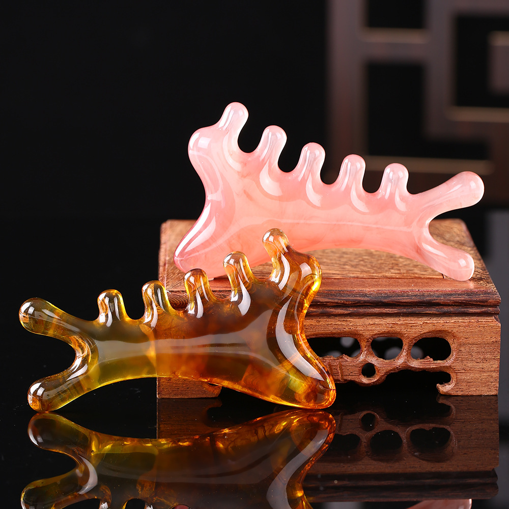 Premium reçine gua sha güzellik tahtası, çok fonksiyonlu baş terapisi, yüz akupresürü, baş ve vücut için meridyen masaj tarağı, dörtü bir arada.