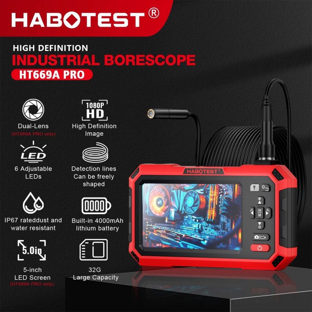 HABOTEST Tragbares HD-Industrie-Endoskop mit 4,3-Zoll-Bildschirm, Rohrkamera, Kfz-Reparaturkamera, wasserdicht